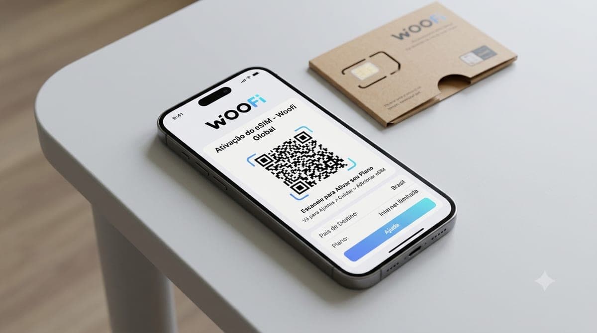 Chip internacional e eSIM da Woofi com QR code de ativação sobre fundo claro