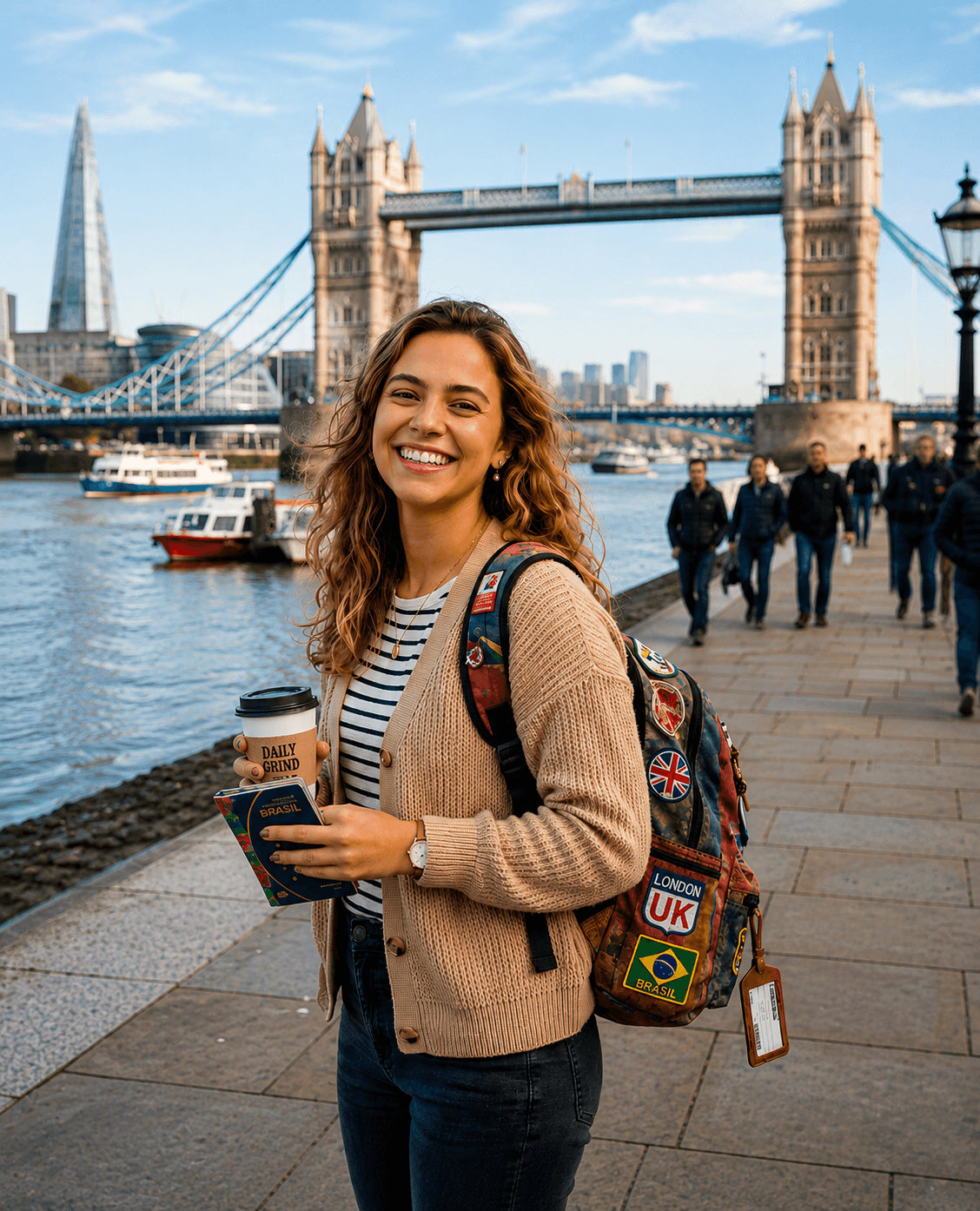 Intercambista brasileira sorrindo em frente à Tower Bridge, em Londres, com mochila de viagem
